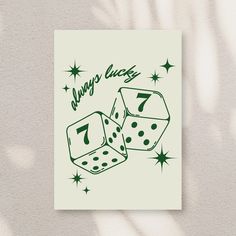 two green dices with the words always lucky on them are flying through the air