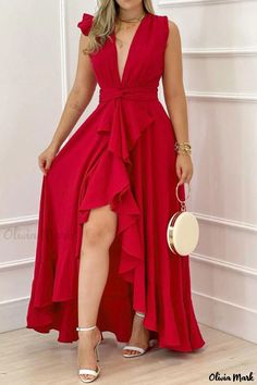 Olivia Mark - Elegant White Solid Bandage V-Neck Dress with Irregular Hem Robes Glamour, Maxi Dress Outfit, 파티 드레스, Asymmetrical Hem Dress, Red Dress Maxi, High Waist Dress, Ballroom Dress, Maxi Robes, Elegant Floral