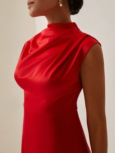 Half Turtleneck Silk Satin Simple Plain Dress | justfashionnow Sleeveless Stretch Satin Dress For Formal Occasions, Sleeveless Stretch Satin Midi Dress, Chic Red Sleeveless Satin Dress, Red Sleeveless Satin Dress For Night Out, Chic Solid Color Sleeveless Satin Dress, Fitted Knee-length Satin Sleeveless Dress, Elegant Sleeveless Fitted Satin Dress, Sleeveless Stretch Satin Dress, Sleeveless Satin Dress For Evening