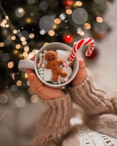 a person holding a small cup filled with candy canes and two gingerbread men in front of a christmas tree