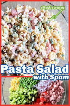 pasta salad with spam and peas in a bowl