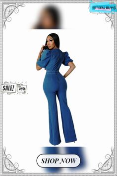 Women's Ruched Balloon Sleeves Puff Sleeves Fashion Casual Sexy Denim Cutout Jumpsuit Fitted High Waist Denim Jumpsuit For Night Out, Fitted Denim Jumpsuit For Party, Fitted Denim Blue Jumpsuit For Night Out, Fitted Puff Sleeve Jumpsuits And Rompers For Summer, Fitted Solid Color Jumpsuits And Rompers With Puff Sleeves, Stretch High Waist Denim Jumpsuit For Night Out, Casual Fitted Denim Jumpsuit For Party, Trendy High Waist Denim Jumpsuit For Party, Stretch Denim Jumpsuit For Night Out