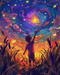 a painting of a child reaching up into the sky at night with stars and clouds in the background