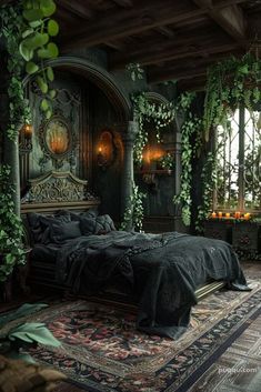 Dark Fairycore Bedroom, Dark Cozy Bedroom Ideas Romantic, Black Themed Bedroom, Green And Black Bedroom, Dark Bedroom Decor, Black Bedroom Ideas, Dark Cozy Bedroom, Dream Bedroom Inspiration, Fantasy Bedroom