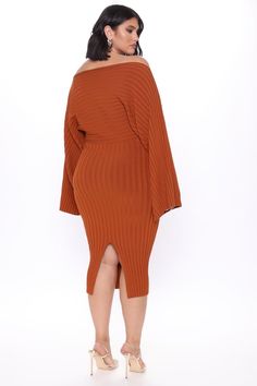 Heather Sweater Midi Dress - Cognac, Dresses | Fashion Nova Stretch Sheath Dress For Fall, Fall Midi Dress For Brunch, Knee-length, Fall Knee-length Bodycon Dress For Brunch, Fall Bodycon Dress For Brunch, Fall Brunch Midi Dress Knee-length, Bodycon Dress For Fall Brunch, Fall Brunch Knee-length Midi Dress, Long Sleeve Bodycon Dress For Brunch In Fall, Ribbed Dress For Date Night In Fall