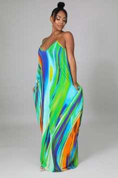 Summer Vacation Tie Dye Print Sleeveless Strap V-neck Loose Fitting Casual Women Maxi Dress Green V-neck Sleeveless Dress For Vacation, Flowy Sleeveless V-neck Dress For Vacation, Green Flowy Sleeveless Maxi Dress, Blue V-neck Sleeveless Dress For Beach Season, Multicolor Flowy V-neck Sundress, Sleeveless Green Maxi Dress For Beach Season, Green V-neck Sundress For The Beach, Green V-neck Beach Sundress, Sleeveless Green Maxi Dress For Beach