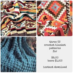 there are three pictures with different patterns on them and the text reads, true 3 crochet blanket patterns for $ 60 save $ 4 00