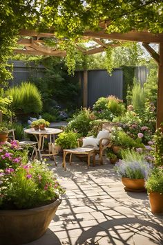 an outdoor patio with potted plants and tables in the center, surrounded by greenery