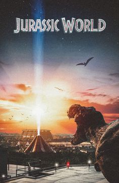 a movie poster for the film jurassic world with an image of dinosaurs in front of a sunset