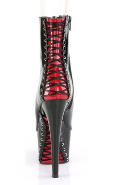 ADORE-1025 Black & Red Patent Boots-Pleaser-Tragic Beautiful Party Red Heels With Rubber Heel Cap, Red High Ankle Platform Heels, Red Fitted Open Toe Boots, Fitted Red Open Toe Boots, Red Open Toe Fitted Boots, Peep Toe Boots, Patent Boots, Pleaser Shoes, Lace Up Ankle Boots