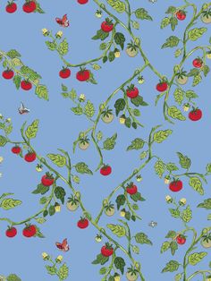 a blue background with red cherries and green leaves on the vine, all over