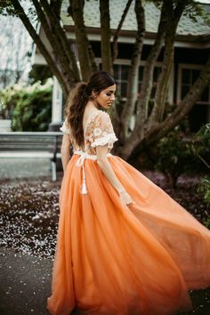 Orange Feather/ Tulle Dress BOHO Dress Preorder - Etsy Bosnia and Herzegovina Spring Tulle Dress With Sweep Train, Spring Maxi Gown With Tulle Skirt, Spring Maxi Length Gown With Tulle Skirt, Orange Maxi Dress For Wedding, Orange Maxi Length Wedding Dress, Orange Maxi Length Dress For Wedding, Wedding Maxi Tulle Dress, Tulle Gown With Lace Sleeves, Fitted Orange Tulle Dress