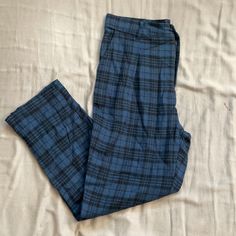 Blue Plaid Pants, Never Worn, Two Front Pockets Blue Business Casual Bottoms With Pockets, Business Casual Blue Bottoms With Pockets, High Waist Blue Bottoms For Business Casual, Casual Fitted Blue Dress Pants, Blue Fitted Casual Dress Pants, Casual Blue Bottoms For Work, Blue Straight Leg Dress Pants With Pockets, Blue Pants With Pockets For Business Casual, High Waist Blue Bottoms For Workwear