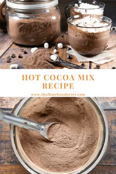 hot cocoa mix in a glass bowl with spoons on the side and two jars full of it