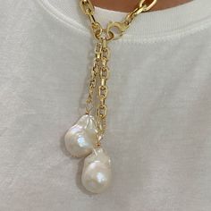 New to the collection! These unique “Fireball” freshwater pearls are the perfect addition to layer with your neck mess. ✨✨🐚✨✨ Luxury Drop Pearl Necklace, Luxury Gold Pearl Necklace With Pearl Charm, Luxury Gold Pearl Necklace With Pendant, Exquisite Gold Jewelry With Pearl Charm, Luxury Baroque Pearl Chain Necklace, Luxury Baroque Pearl Drop Jewelry, Luxury Pearl Charm Pendant Jewelry, Gold Baroque Jewelry With Pearl Charm, Luxury Drop Pearl Necklace For Gift