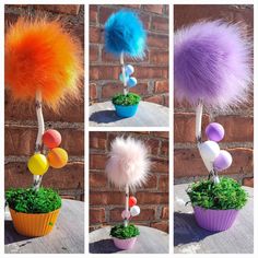 four different pictures of fake fur balls in a potted plant with grass and rocks