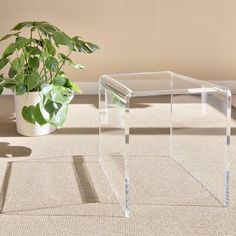 two clear acrylic tables sitting next to a potted plant on the floor