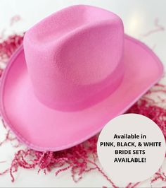 "Going all out with the western theme? Space or disco cowboy? These cowgirl hats will be the perfect addition to your bachelorette or birthday celebration. Priced at just $14/piece, these felt hats come in black, pink, and white colors. We also ship next day! Product provided by Andee's Events LLC. Additional information: Measurements: 15\" x 11\" with a 24\" interior circumference Material: Felt surface. Sturdy. See our FAQ question for additional information. Visit our shop for additional part Pink Western Cap Hat, Pink Western Style Cap, Western Style Pink Cap, Pink Fitted Hat For Rodeo, Fitted Pink Hat For Rodeo, Western Mini Hat For Kentucky Derby, Western One Size Costume Hats For Rodeo, Western Mini Hat With Flat Brim For Party, Western Style Mini Hats For Kentucky Derby