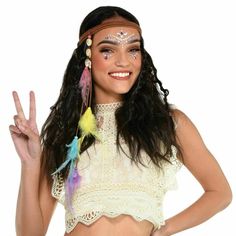 Costume Accessories Hippie woven Headband with feathers and beads   Other props not included. Hippie Costume Headband, Boho Hippy Headband, Cheap Bohemian Festival Headband, Headband 60s, Headband Costume, Hippie Headband, Hippie Headbands, 60s Hippie, Bee Costume