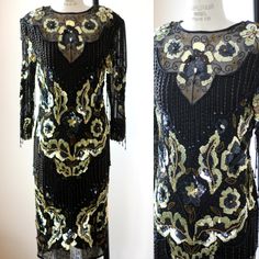 "Beautiful Beaded sequined Dress!! This is all silk...has a see through neck...with beads...and hanging beaded fringe throughout..just the right amount! Absolutely in Excellent condition with zip up back..oh wow this is a beauty!! Measuring: 45\" length Bust: 38\" Waist: 28\" Hip: 38\" Sleeves:22\" Beautiful!! Pet Free/smoke free Enjoy!" Fitted Embellished Gatsby Sequin Dress, Fitted Gatsby Style Embellished Sequin Dress, Festive Gatsby Style Sequin Dress, Embellished Gatsby Style Flapper Dress For Evening, Glamorous Beaded Fringe Evening Dress For Formal Events, Elegant Fringe Sequin Cocktail Dress, Glamorous Evening Dress With Beaded Fringe For Formal Occasions, Elegant Sequin Cocktail Dress With Fringe, Glamorous Formal Evening Dress With Beaded Fringe