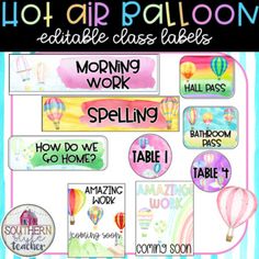 a poster with words and pictures on it that says hot air balloon, editable class labels