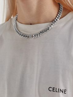 CELINE HOMME's substantial chain necklace is centred with a signature 'Triomphe' logo worked into the curb links. It's made from silver-tone metal and polished to a high-shine finish. Celine Necklace, Chain Necklace For Men, Necklace Men, Wardrobe Ideas, Necklace For Men, Accessories Jewelry Necklace, Silver Chain Necklace, Outdoor Wear, Chains For Men