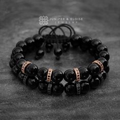 "This listing is for set of 2 Handmade Couple Bracelets. ★`His` bracelet is made with 8mm black Onyx beads and features Black spacer beads embellished black Zircon stones. Men`s Size : 7\" - 8.5\" (18 cm -21 cm) ★`Her` bracelet is made with 8mm black Onyx beads and features Rose Gold spacer beads embellished black Zircon stones. Women`s Size: 6\" - 7.5\" (16 cm -19 cm) Bracelets are adjustable, utilizing a sliding knot made with macrame cord and is easy to put on and take off by yourself. All of Elegant Black Rosary Bracelet With Round Beads, Spiritual Black Jewelry For Promise, Luxury Black Adjustable Beaded Bracelet, Adjustable Black Bracelet For Promise, Adjustable Black Promise Bracelet, Black Adjustable Promise Bracelet, Black Rosary Bracelet As A Gift, Black Hand-strung Rosary Bracelet As Gift, Luxury Black Jewelry With 8mm Beads