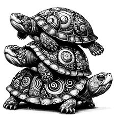 a black and white drawing of a turtle with intricate designs on it's shell