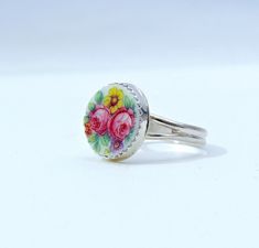 Handcrafted Broken China Ring, Vintage Czech Plate, Roses and Pansies, Sterling Silver, Sweet and Dainty - Etsy Adjustable Rose Design Flower Ring As Gift, Adjustable Roses Flower Ring Gift, Adjustable Rose Flower Ring Gift, Vintage Round Hand Painted Jewelry, Handmade Vintage Pink Rings, Round Rose Design Flower Ring Gift, Round Flower Ring With Rose Design For Gift, Round Flower Ring With Rose Design, Vintage Hand Painted Round Jewelry