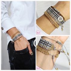 three pictures of different bracelets with gold and silver beads on each one hand, the other