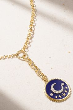 Foundrae's jewelry is based on symbolism and mythological archetypes - this necklace represents karma and growth. Handcrafted from 18-karat gold, the deep-blue enameled pendant is embellished with a diamond-encrusted moon and a row of stars. Luxury Sterling Silver Moon Charm Jewelry, Blue Jewelry With Detachable Round Pendant, Luxury Sterling Silver Jewelry With Moon Charm, Blue Fine Jewelry With Detachable Pendant, Blue Jewelry With Detachable Pendant, Luxury White Gold Moon Charm Jewelry, Symbolic Jewelry With Adjustable Chain, Luxury White Gold Jewelry With Moon Charm, Celestial Pendant Jewelry With Clavicle Chain