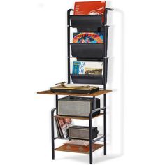 a book shelf with three bins and two shelves on each side, holding books