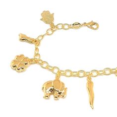 (1-0678-bgf) Gold Laminate Bracelet- 4mm Rolo Link Bracelet w/Charms-7.5''-BGF #earrings #stainless #charms #sets #chains #silver #steel #pendants #hoops #rings Yellow Gold Charms Bracelet For Good Luck, Yellow Gold Good Luck Charms Bracelets, Gold Spiritual Charm Bracelet With Dangling Charms, Gold Spiritual Charm Bracelet For Good Luck, Elegant Gold-tone Bracelets With Dangling Charms, Elegant Gold-tone Bracelet With Dangling Charms, Handmade Symbolic Gold Charm Bracelet, Elegant Gold Bracelets With Dangling Charms, Gold Bangle For Good Luck