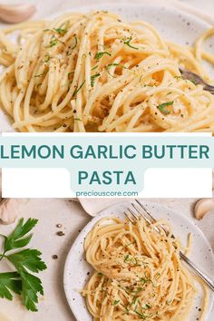 lemon garlic butter pasta on a plate with parsley