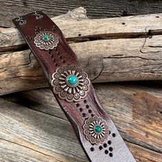 Brown leather bracelet that has a pattern of dots. It is adorned with copper with turquoise center western conchos (W103). Measures 7.75" to 8.25" with two snaps for adjustment. Luxury Concho Bracelets For Gift, Turquoise Dog Collar, Poodle Puppy Standard, Brown Leather Bracelet, Rodeo Drive, Poodle Puppy, Rustic Jewelry, Standard Poodle, A Pattern