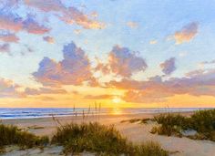 a painting of the sun setting over the ocean with clouds in the sky and grass on the beach