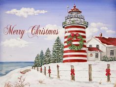 a painting of a red and white lighthouse with christmas wreaths on it's side