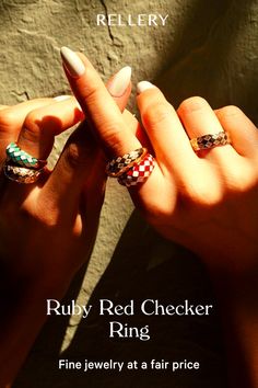 Ruby Red Checker Ring | Rellery! rings aesthetic vintage, rings engagement, engagement rings gold, jewels rings. #rings #jewelry Red Rings, Red Checkered, Gold Rings Jewelry, Jewels Rings, Casual Jewelry, Meaningful Jewelry, Domed Ring, Solid Gold Jewelry, Trendy Jewelry