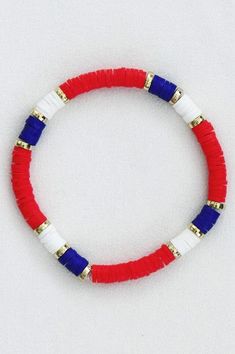 Multicolored Heishi rubber flat disc bracelet. Polymer soft clay disk beaded stretch bracelet. Memorial Day Bracelet Ideas, Clay Bead Bracelet Ideas With Charms, Clay Disk Bracelets Ideas, Soft Clay Beads Bracelet Ideas, Phillies Clay Bead Bracelet, Red Clay Bracelet Ideas, Holiday Clay Bead Bracelet Ideas, Buffalo Bills Clay Bead Bracelet, Patriotic Beaded Bracelets