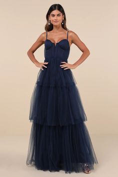 Navy Blue Maxi Dress - Bustier Gown - Tiered Bridesmaid Dress - Lulus Navy Blue Prom Dresses Long Flowy, Tiered Bridesmaid Dress, Navy Blue Prom Dresses Long, Midnight Blue Bridesmaid Dresses, Prom Dresses Flowy, Blue Wedding Guest Dresses, Navy Blue Prom Dress, Blue Tulle Dress, Modest Formal Dresses