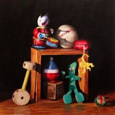 a painting of some toys on a table