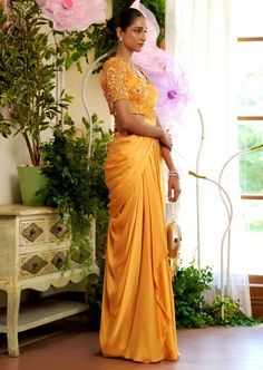 Azara Sari Blouse Modal, Draped Saree, Saree And Blouse, Butterfly Net, Sequin Saree, Orange Saree, Padded Blouse, Saree Silk, Orange Satin