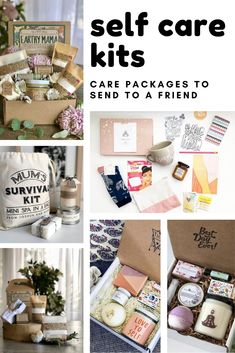 a collage of photos with the words self care kits in it and various items