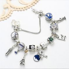 Vacation Charm Bracelet. Clasp Type Pandora Style. Length 21cm Pandora Travel Bracelet Ideas, Silver Charm Bracelets, Pandora Travel Bracelet, Pandora Travel, Travel Charm Bracelet, Travel Bracelet, Traveling Aesthetic, 17 Birthday, 17th Birthday Gifts