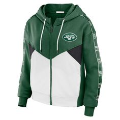 The Women's WEAR by Erin Andrews Green/White New York Jets Plus Size Color Block Full-Zip Hoodie is the perfect way to show your support for the New York Jets. This midweight hoodie is made of a soft cotton and polyester blend, and features a fleece lining for added warmth. The screen print graphics and sewn-on stripes with sublimated graphics proudly display your New York Jets pride, while the drop shoulders and two side pockets provide a comfortable and stylish fit. Whether you're cheering on the Jets from the stands or just relaxing at home, this hoodie is sure to keep you warm and comfortable. The Jets, Erin Andrews, Hoodie Green, Women's Wear, New York Jets, Full Zip Hoodie, Lightweight Hoodie, Zip Hoodie, Color Block