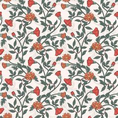 a floral pattern with red flowers and green leaves on a white background, suitable for wallpaper or fabric