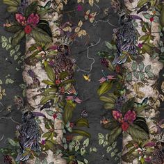 an image of a wallpaper with flowers and birds on it's side,