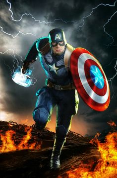 captain america is running through the fire with his shield on it's back and lightning behind him