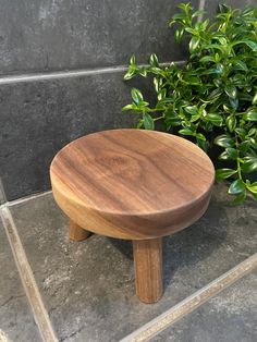 a small wooden stool sitting next to a potted plant on top of a tile floor