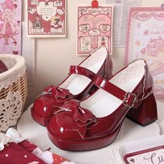 This price is for a pair of mary janes only.   	 		 			Size 			34 			35 			36 			37 			38 			39 			40 		 		 			Foot Length 			22 			22.5 			23 			23.5 			24 			24.5 			25 Mushroom Outfit, Red Mary Janes, Red Mary Jane Shoes, Korean Shoes, Wine Top, Jewelry Accessories Ideas, Korean Fashion Trends, Aesthetic Shoes, Red Outfit